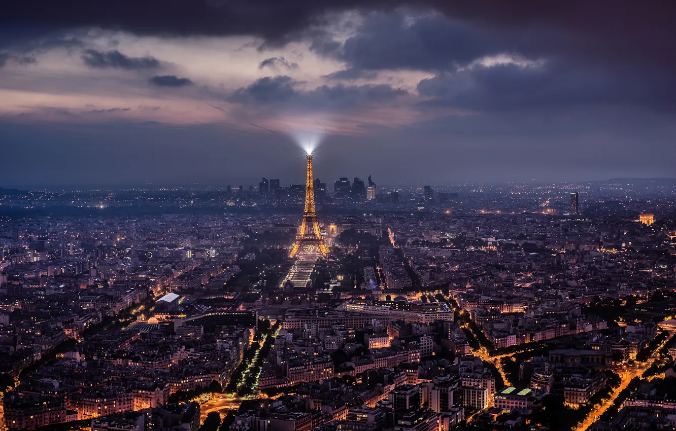 Фото обои свет, ночь, город, огни, Франция, Париж, башня, дома