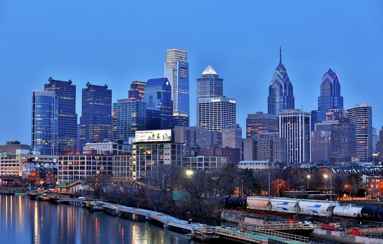 Фото обои река, Филадельфия, набережная, небоскрёбы, Делавэр, синий час