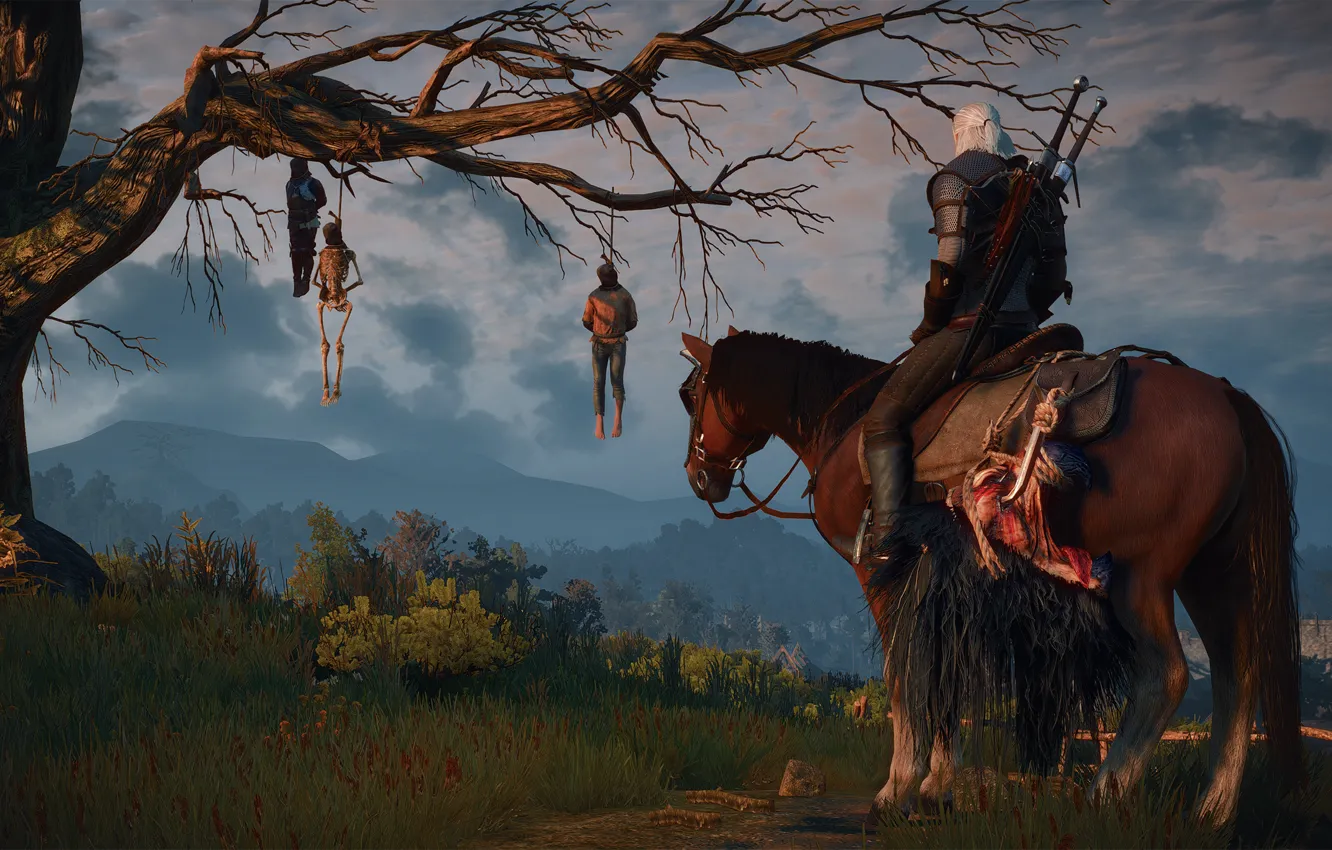 Фото обои дерево, ведьмак, rpg, геральт, дикая охота, wild hunt, the witcher 3, cd projekt red
