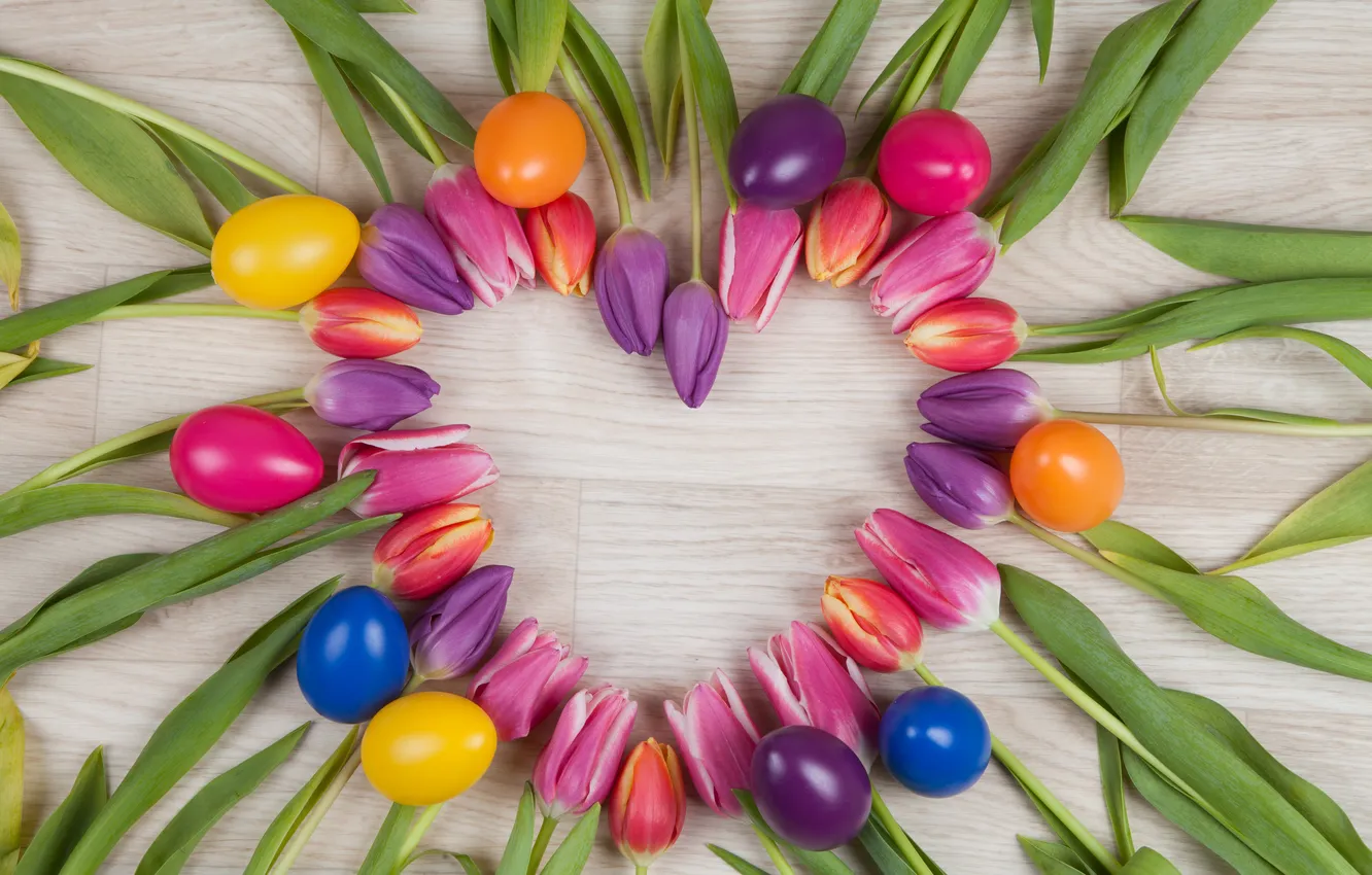 Фото обои цветы, яйца, весна, colorful, Пасха, happy, heart, wood