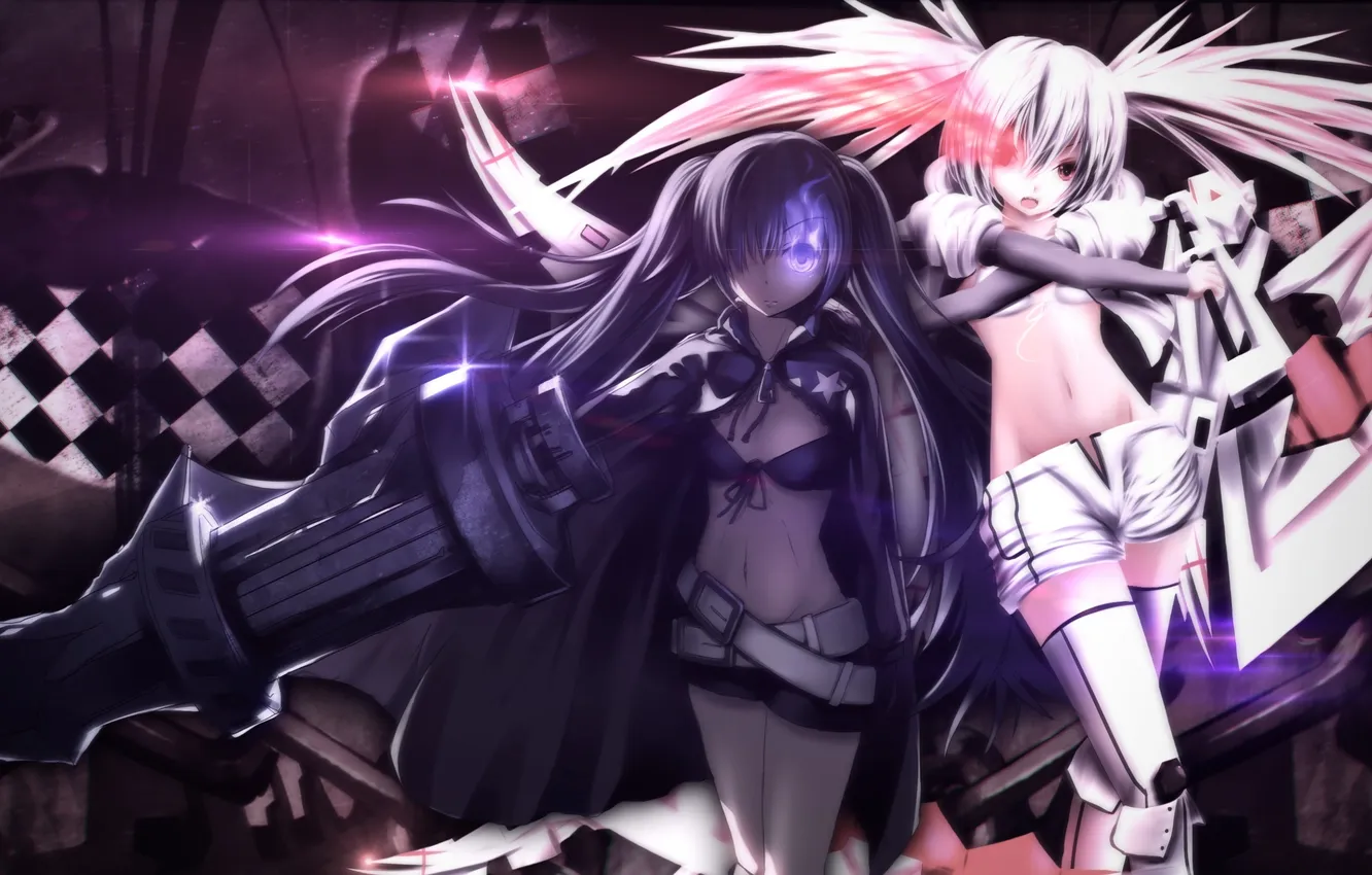 Фото обои оружие, девушки, аниме, арт, black rock shooter, стрелок с черной скалы, мато курои, white rock …