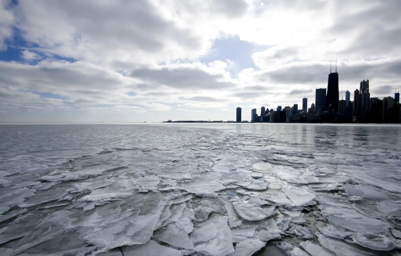 Фото обои лед, зима, небоскребы, USA, америка, чикаго, Chicago, сша