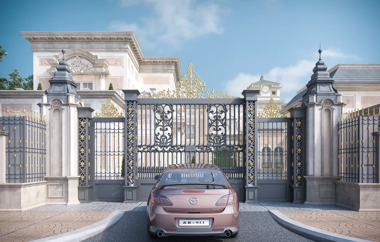 Фото обои здание, ворота, бордюр, автомобиль, classic villa