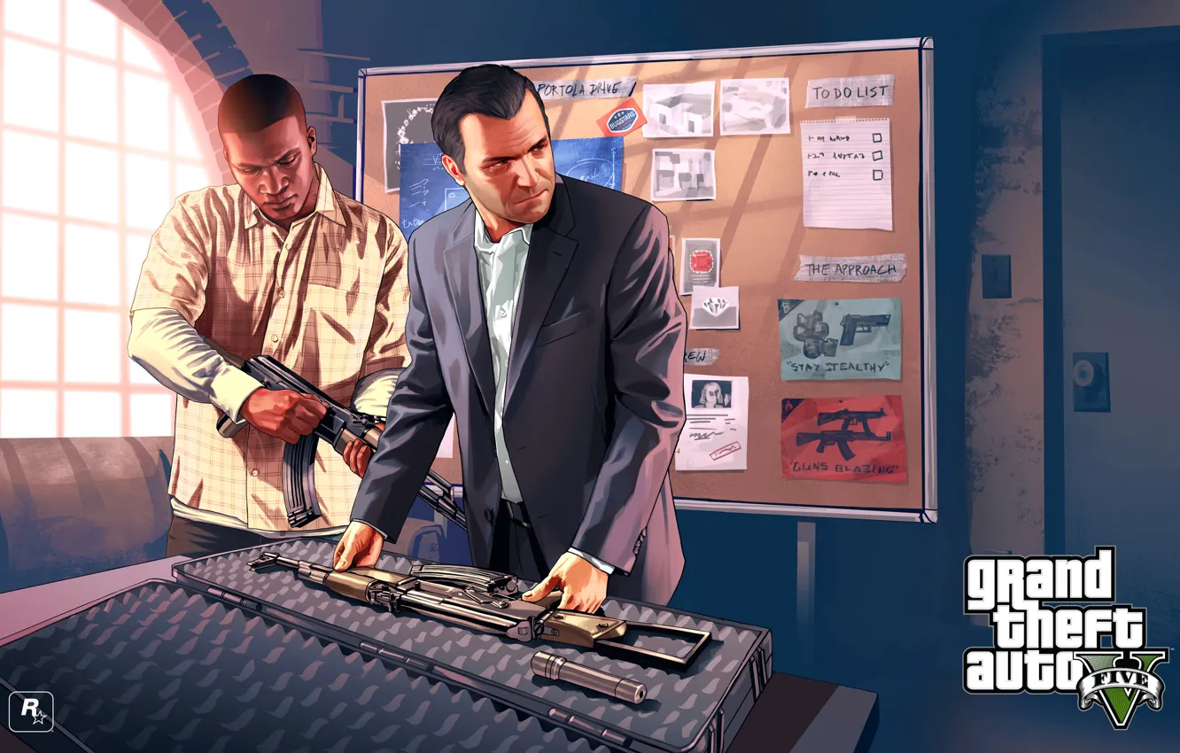 Фото обои оружие, арт, майк, франклин, Grand Theft Auto V, ганшоп