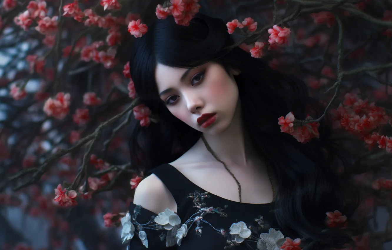 Фото обои девушка, лицо, образ, азиатка, цифровое искусство, ИИ-арт, Искусство искусственного интеллекта, НЕЙРОСЕТЬ