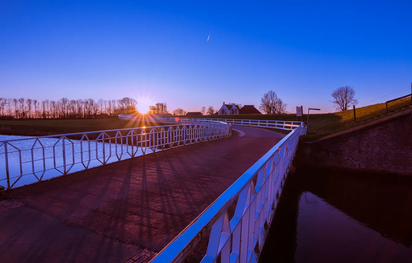 Фото обои солнце, мост, канал, Нидерланды, Голландия