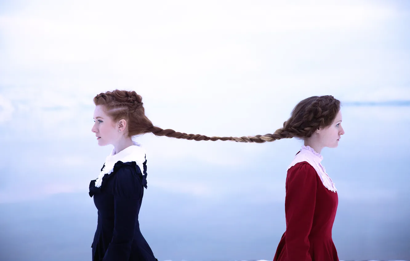 Фото обои волосы, коса, связь, Lichon, две девушка