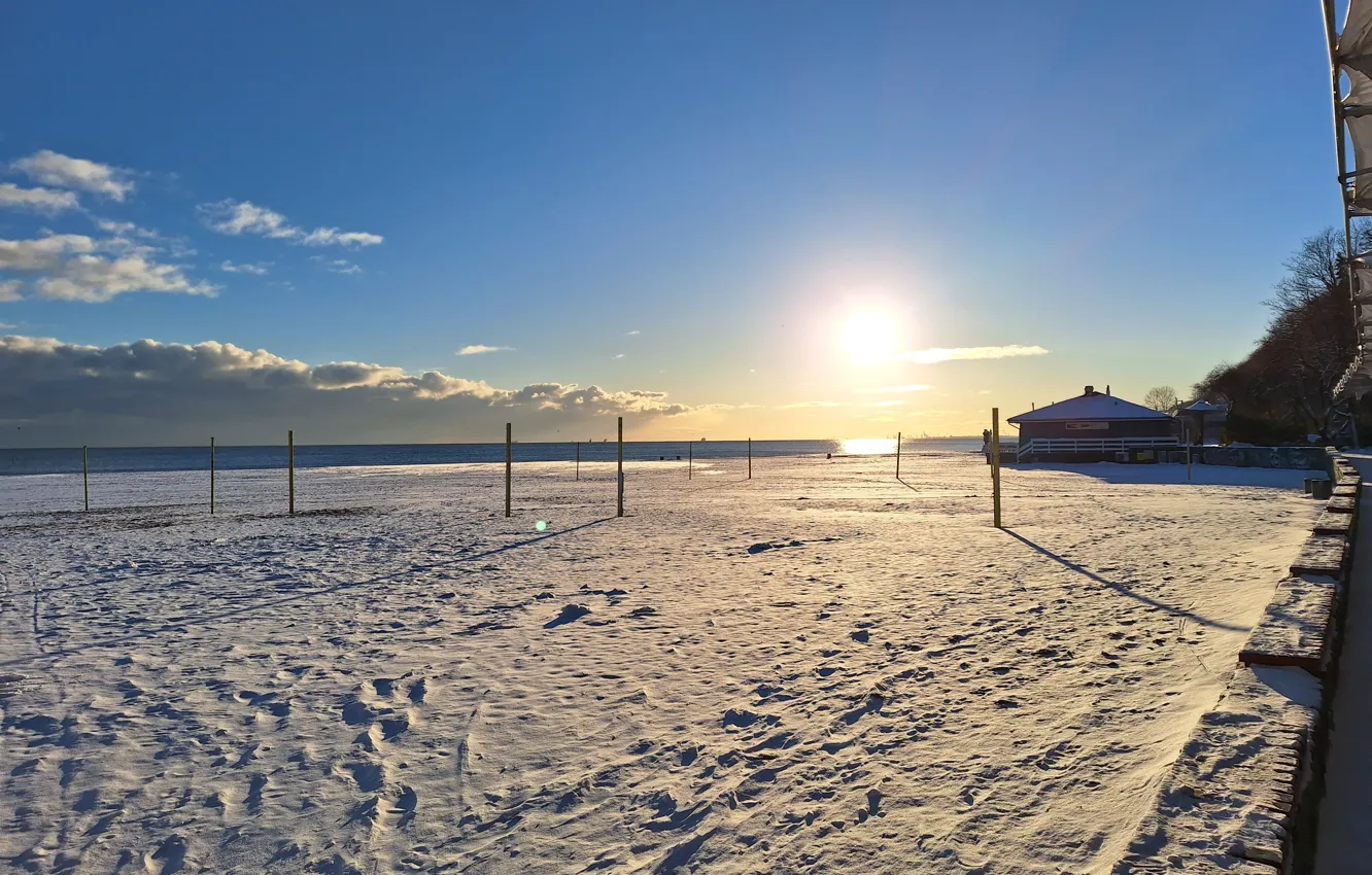 Фото обои zima, plaża, wschód słońca