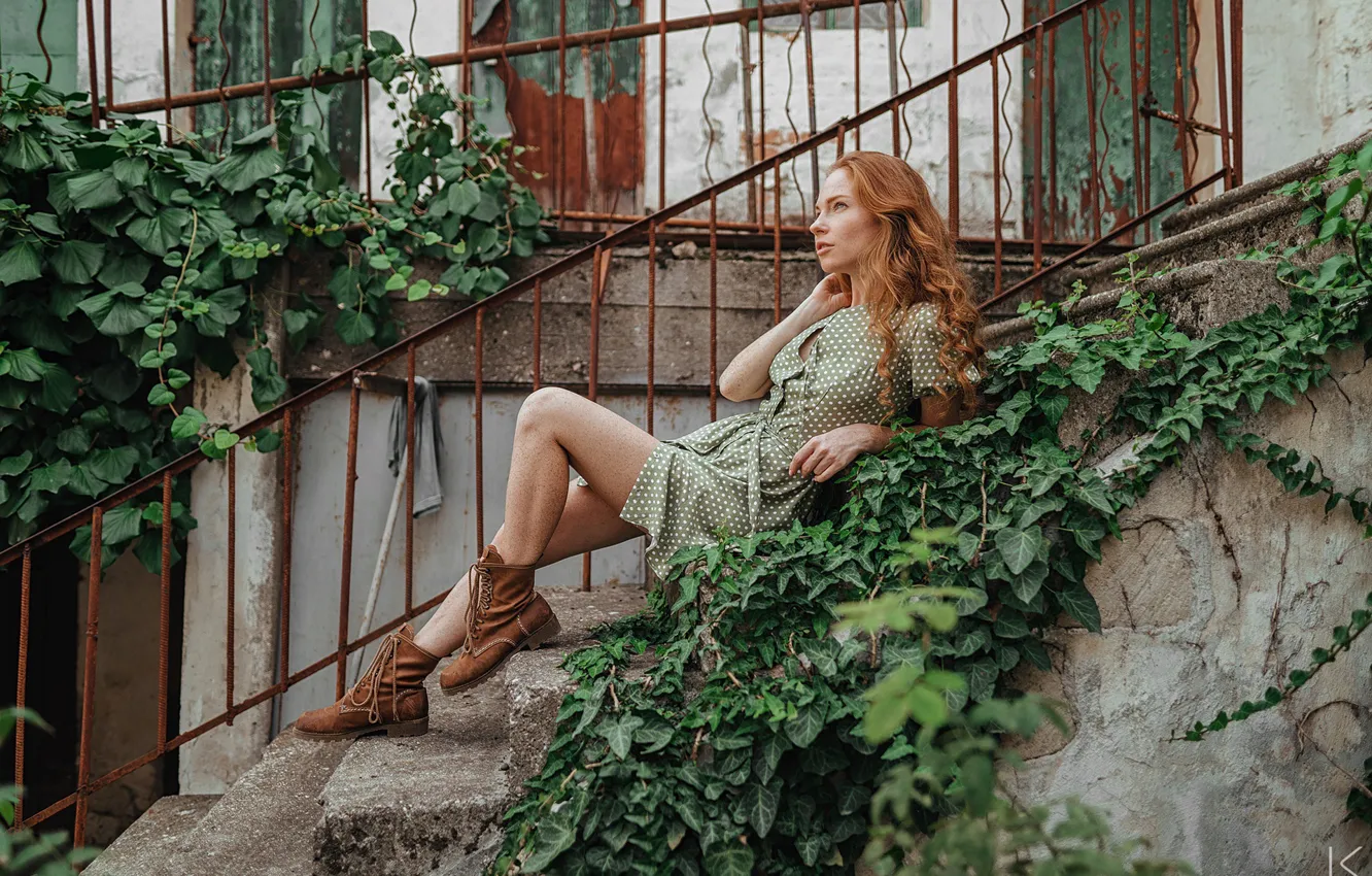 Фото обои dress, model, women, redhead, plants, sitting, boots, stairs
