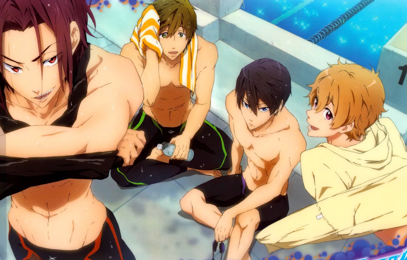 Фото обои бассейн, парни, друзья, спортсмены, free, matsuoka rin, hazuki nagisa, nanase haruka
