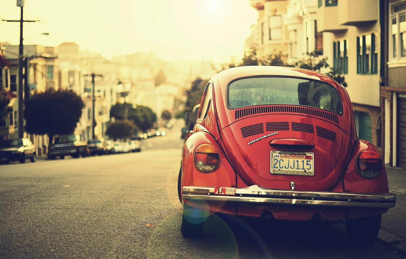 Фото обои авто, город, транспорт, улица, volkswagen, vintage, раритет, beetle