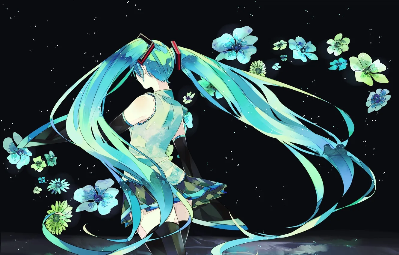 Фото обои вода, девушка, цветы, спина, vocaloid, hatsune miku, длинные волосы, вокалоид