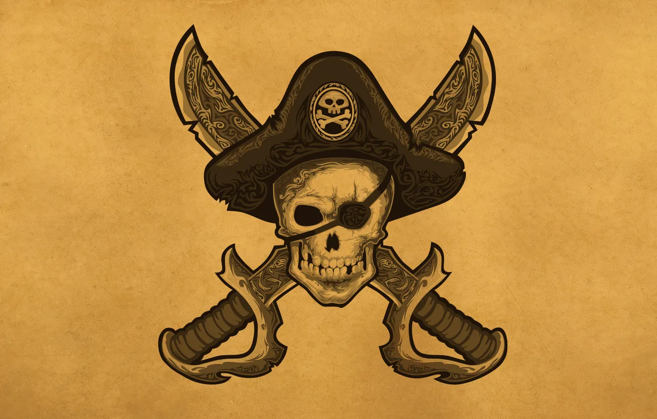 Фото обои череп, голова, шляпа, пират, скелет, повязка, мечи, pirate