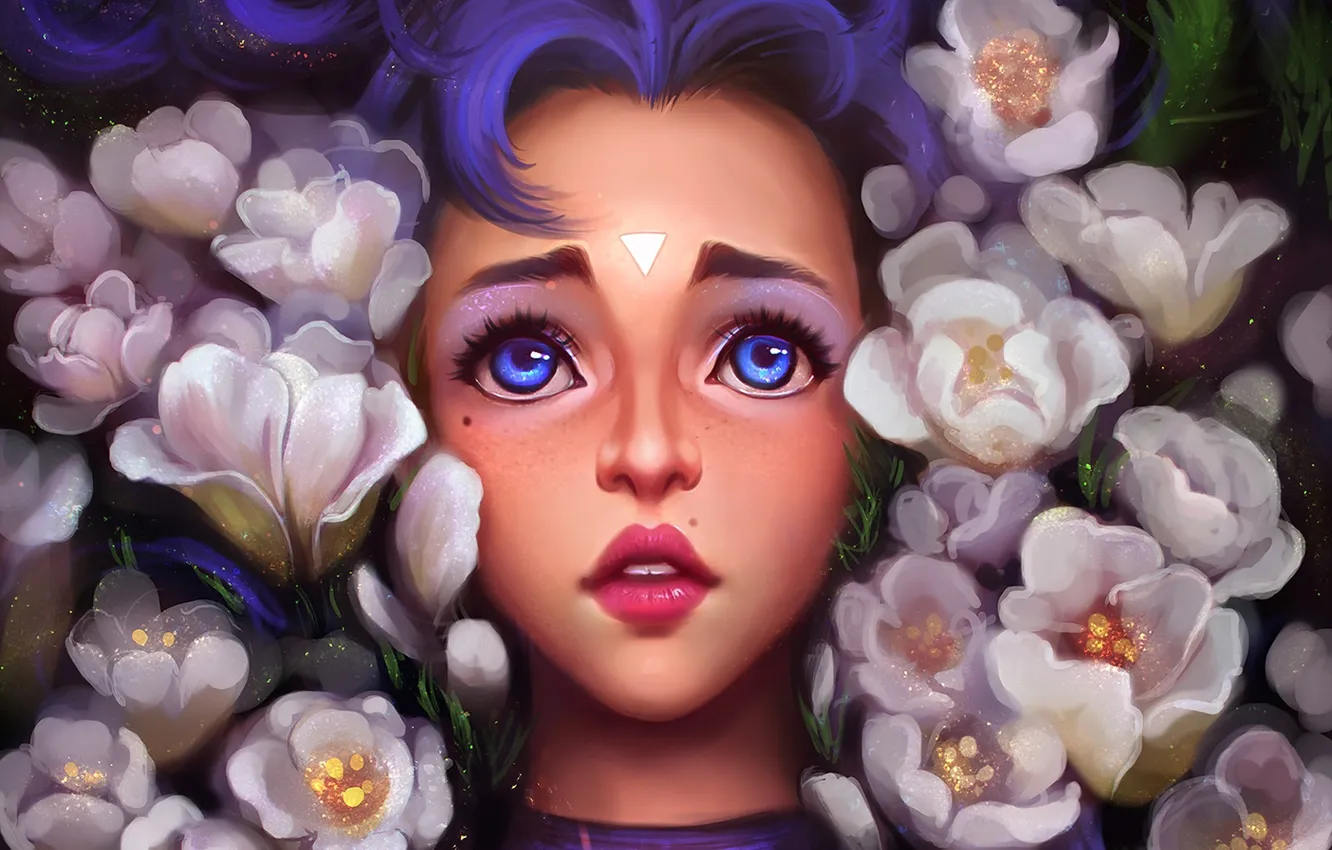 Фото обои глаза, взгляд, девушка, цветы, лицо, арт, губы, голубые глаза