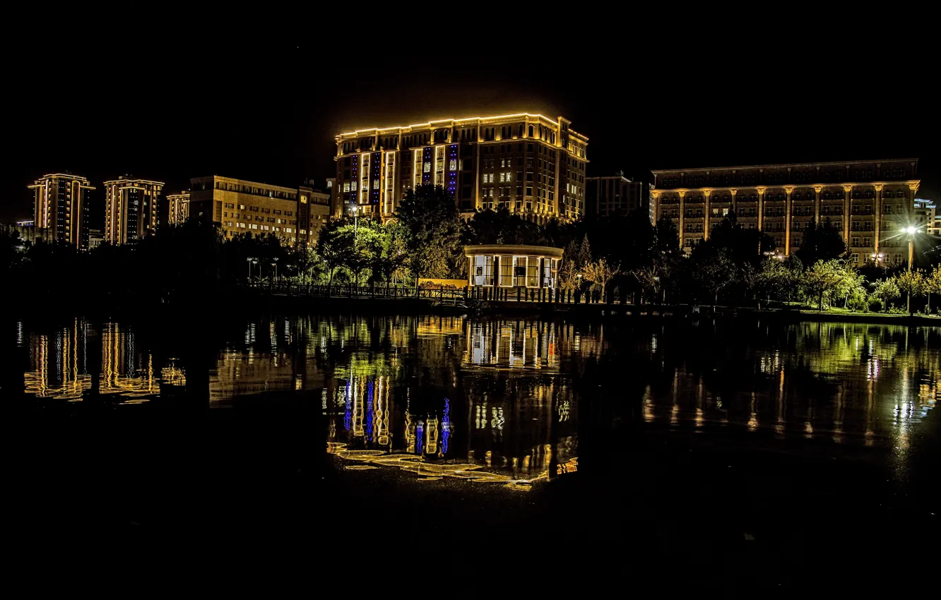 Фото обои lights, water, night, pond, reflections, Tajikistan, Dushanbe, Kide FotoArt