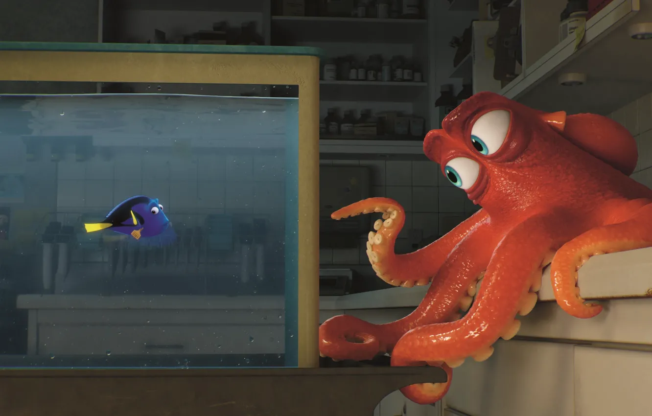 Фото обои Pixar, octopus, eyes, animal, fish, aquarium, medicine, Hank