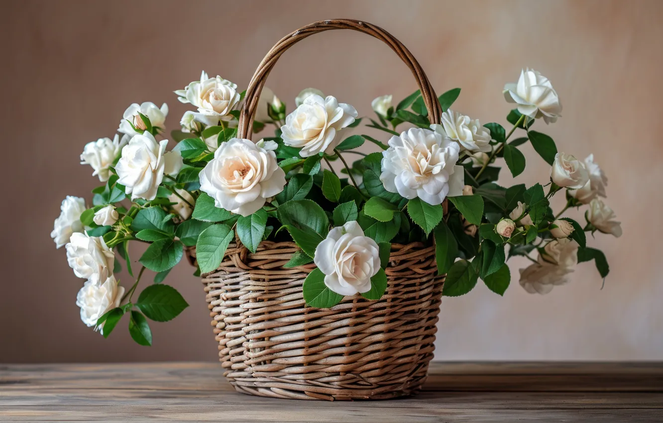 Фото обои цветы, розы, букет, белые, корзинка, кремовые, ИИ-арт, нейросеть