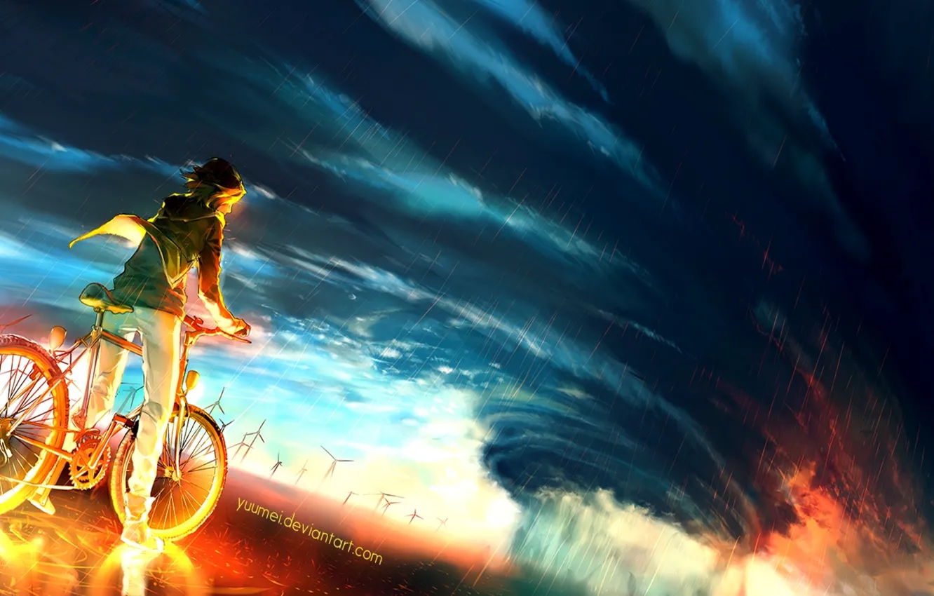 Фото обои Шторм, Парень, Велосипед, By yuume, Into the storm