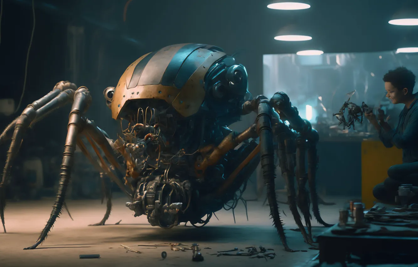 Фото обои фантастика, робот, паук, spider, арт, мастерская, robot, ремонт