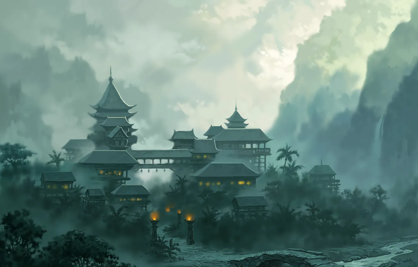 Фото обои пейзаж, горы, мост, город, огни, туман, река, jade dynasty
