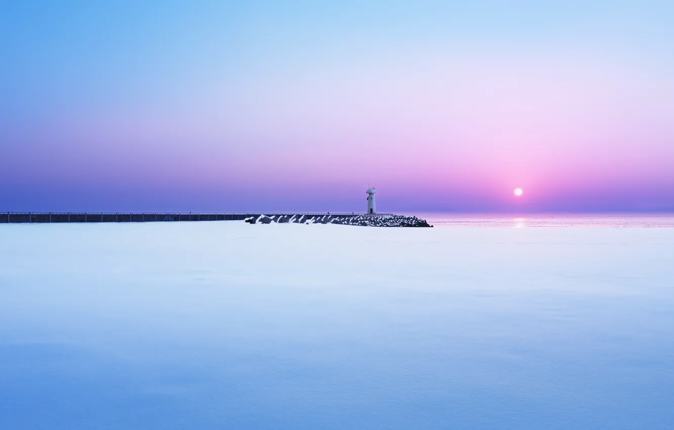 Фото обои зима, море, снег, рассвет, маяк, утро, пирс