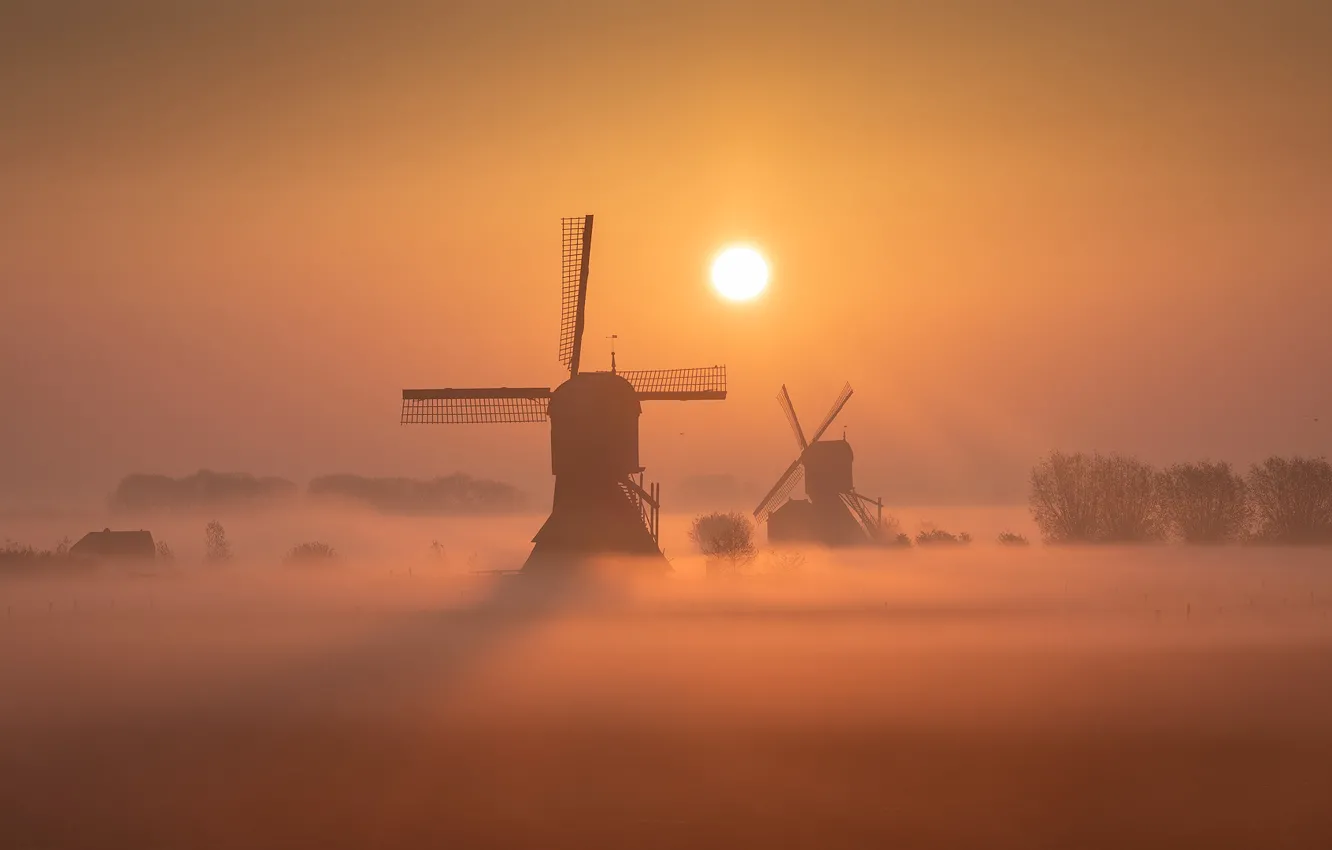 Фото обои ЛОПАСТИ, ТУМАН, МЕЛЬНИЦЫ, фотограф Sven Broeckx, Netherlands Нидерланды