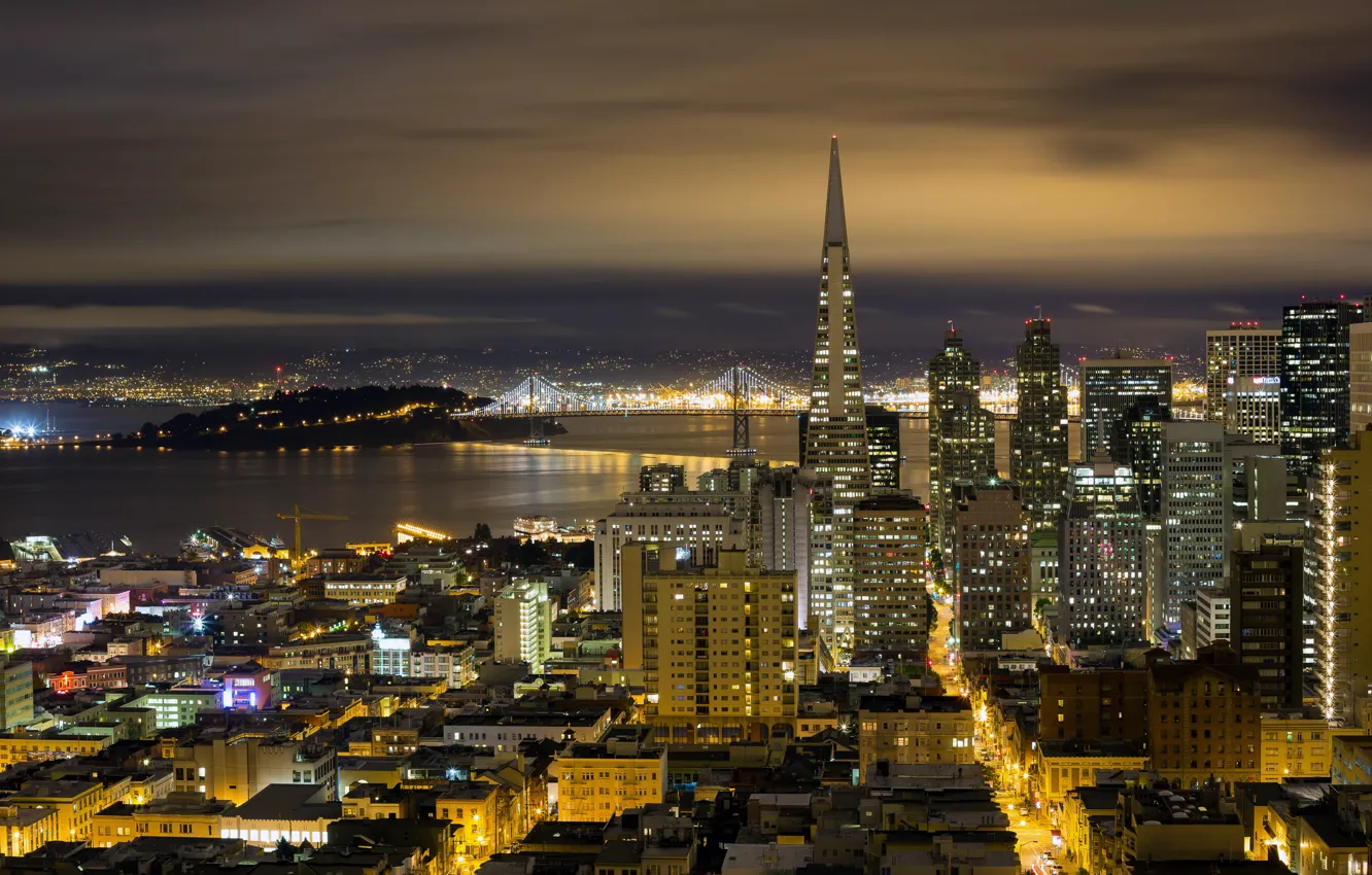 Фото обои ночь, мост, огни, дома, панорама, California, San Francisco