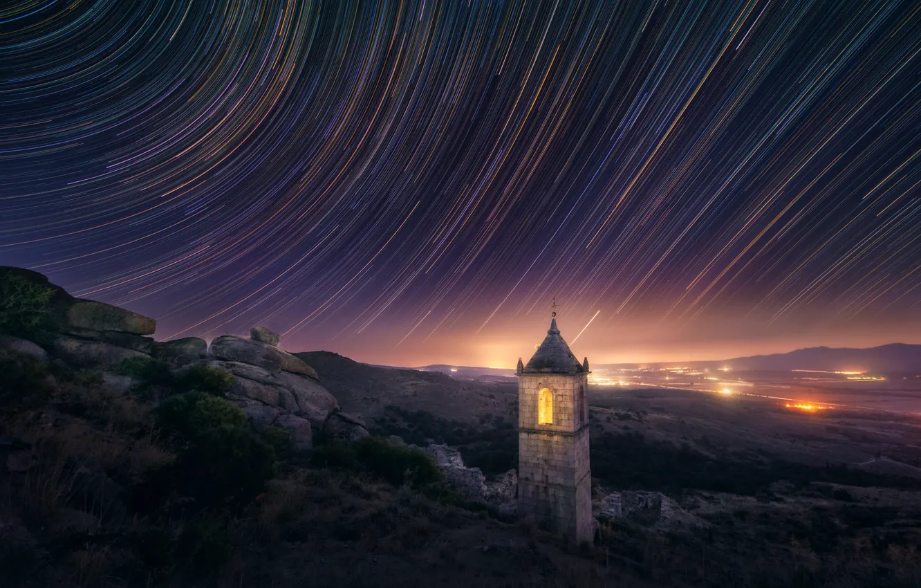 Фото обои звезды, ночь, замок, башня
