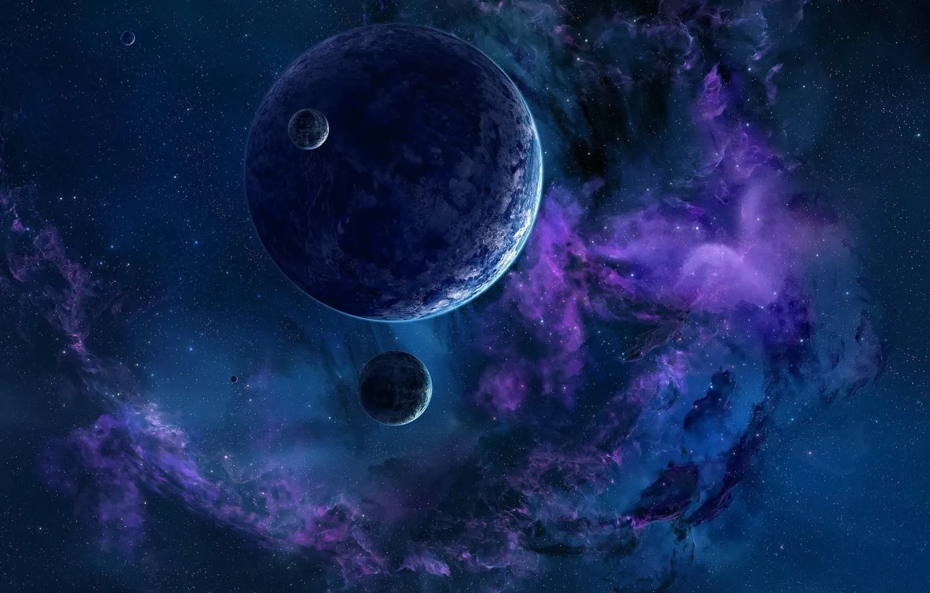 Фото обои космос, звезды, пространство, планеты, спутники, бесконечность