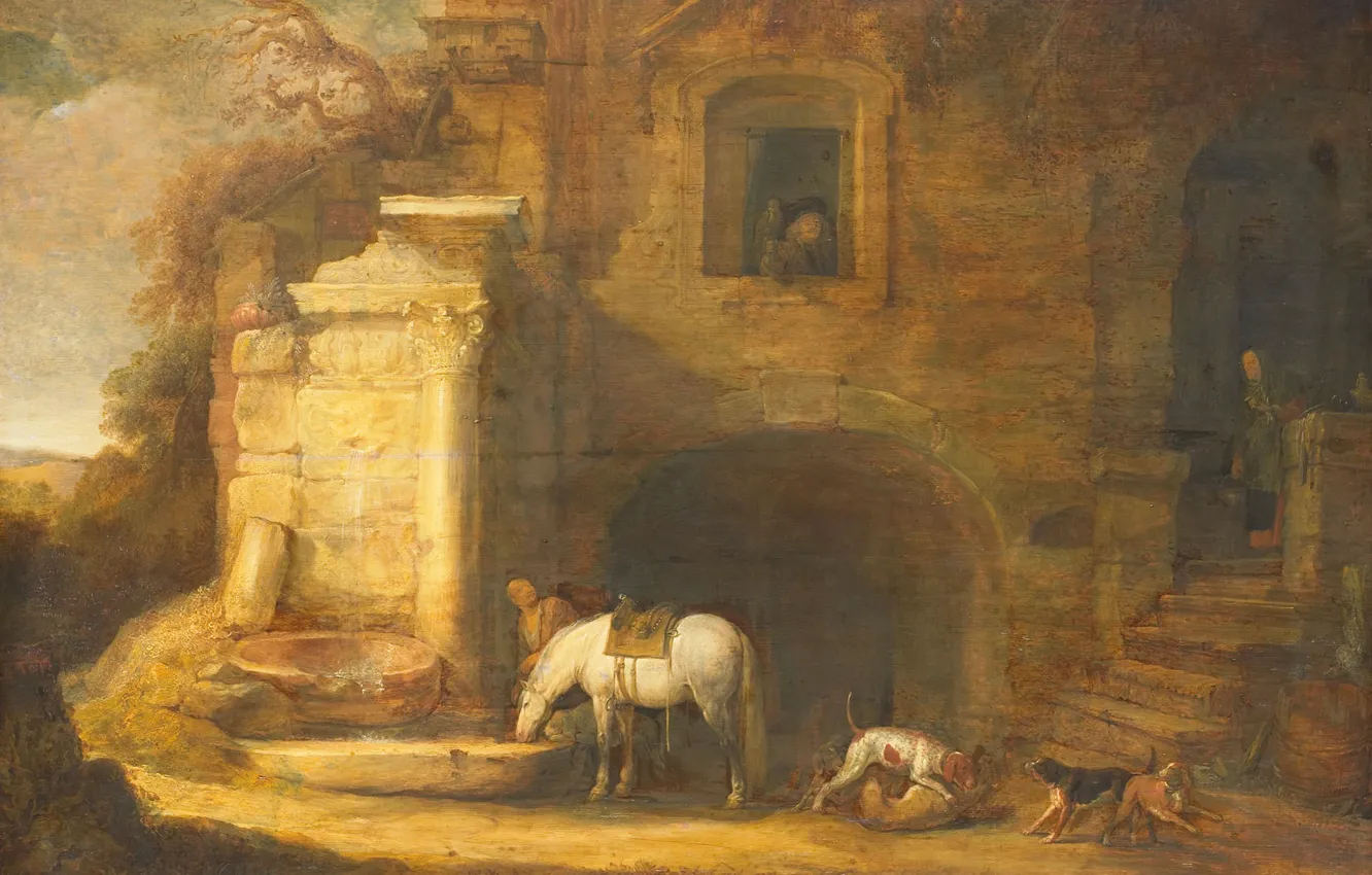 Фото обои масло, картина, Simon de Vlieger, Симон де Влигер, Возвращение сокольничьего домой, 1637