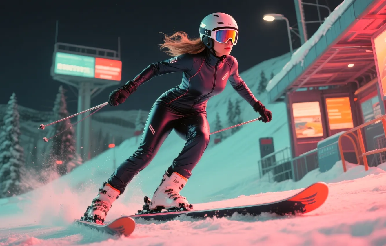 Фото обои girl, snow, sports, skiing, slalom