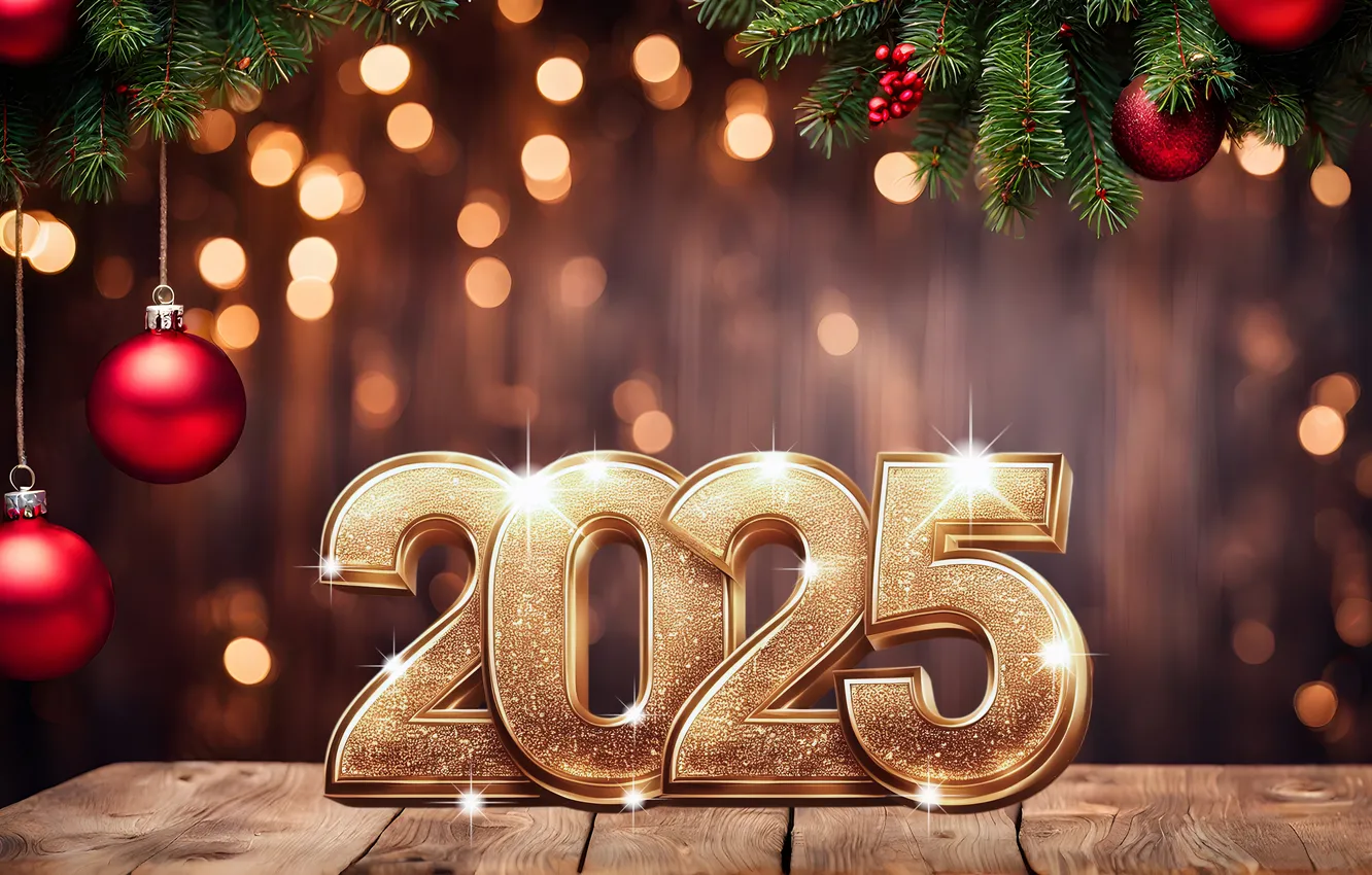 Фото обои украшения, шары, елка, цифры, Новый год, golden, new year, balls