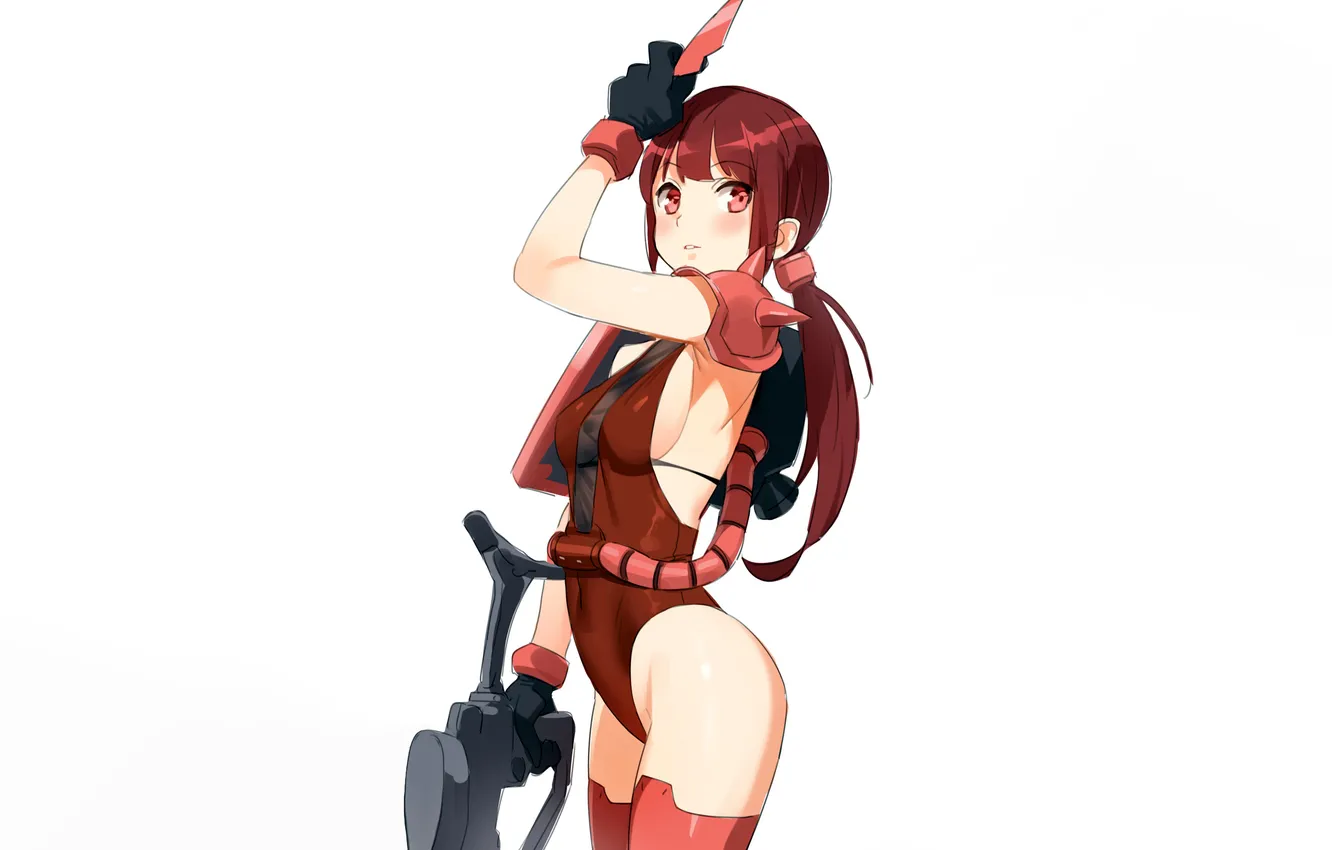 Фото обои girl, gun, sexy, cleavage, thighhighs, red hair, long hair, boobs