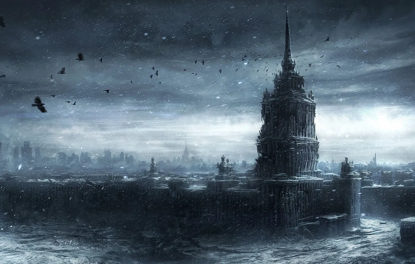 Фото обои snow, Moscow, darkness, apocalypse, crows, MsU