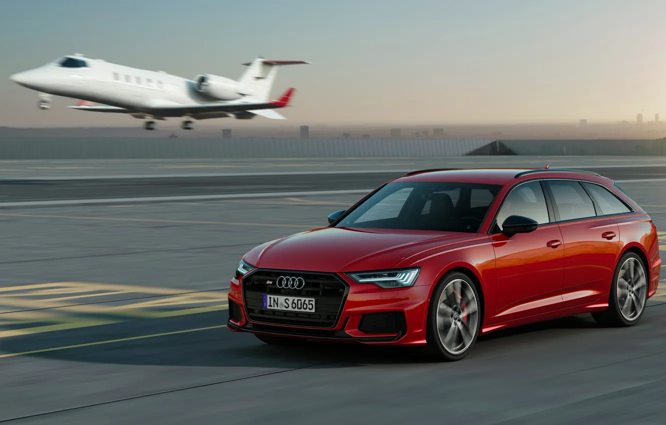 Фото обои красный, Audi, самолёт, универсал, 2019, A6 Avant, S6 Avant