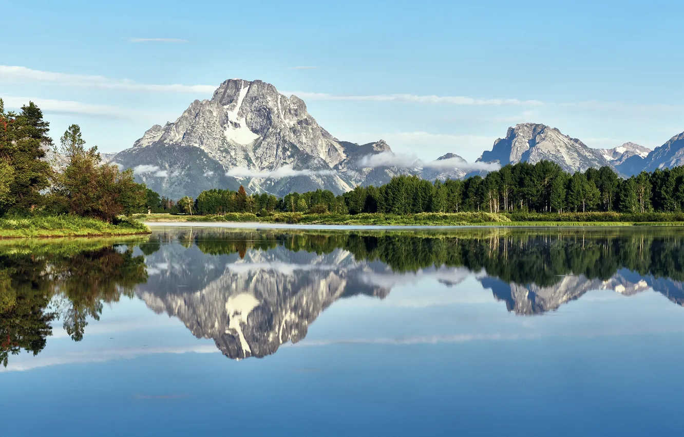 Фото обои лес, деревья, пейзаж, горы, озеро, отражение, Grand Teton National Park