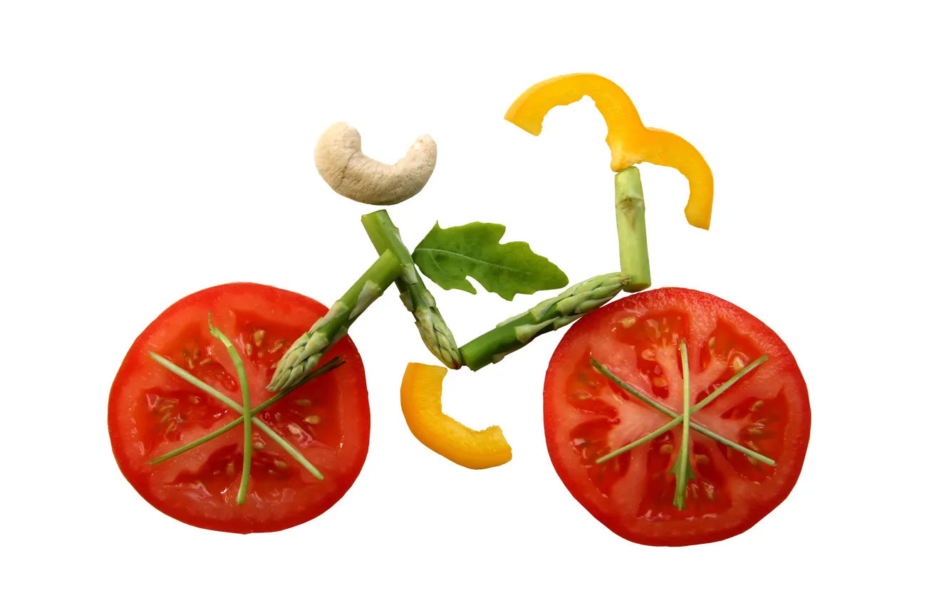 Фото обои велосипед, минимализм, овощи, помидоры, аппликация
