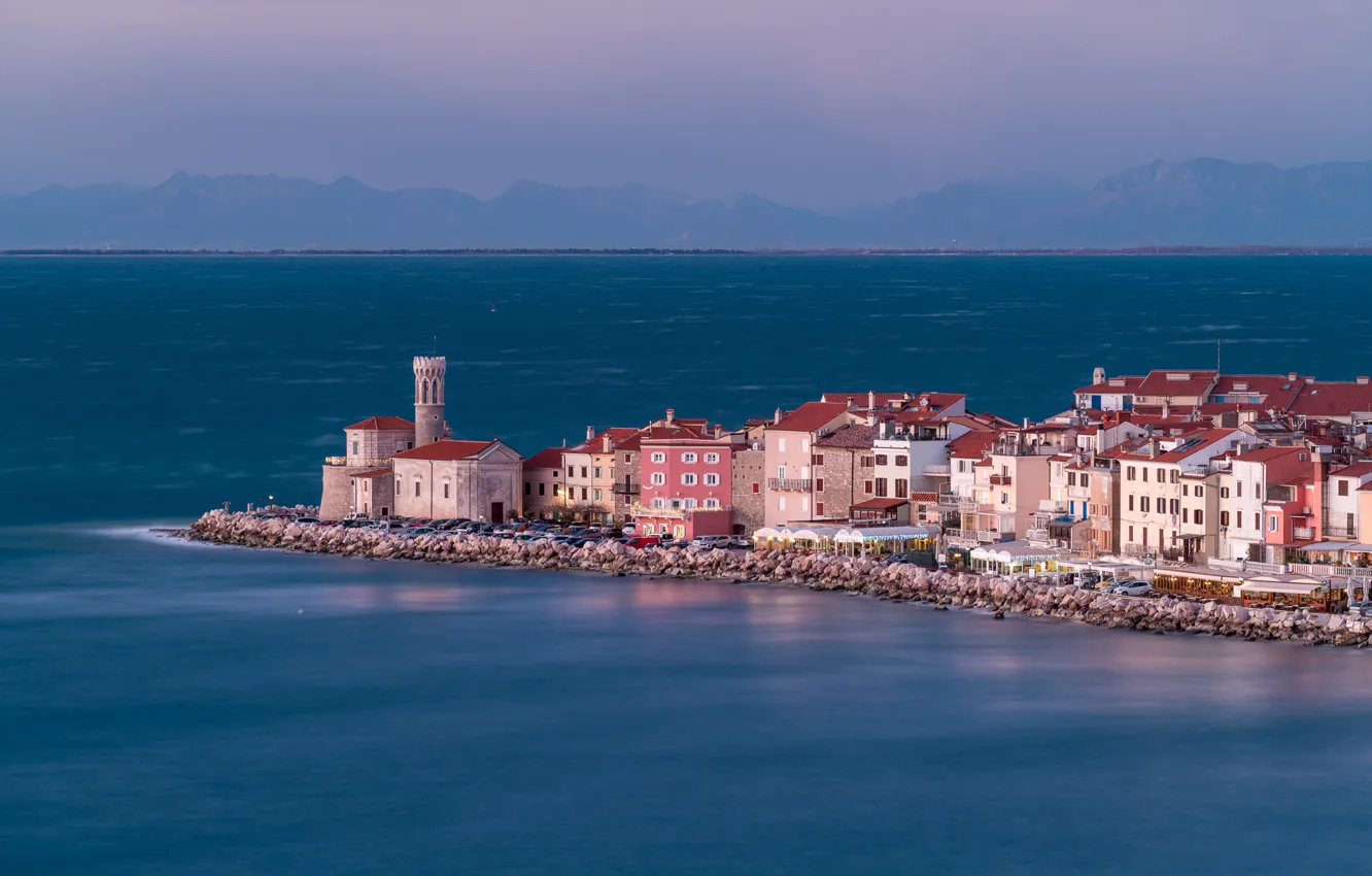Фото обои море, здания, дома, Пиран, Словения, Адриатическое море, Adriatic Sea, Piran