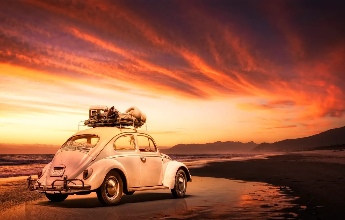 Фото обои машина, пляж, Volkswagen