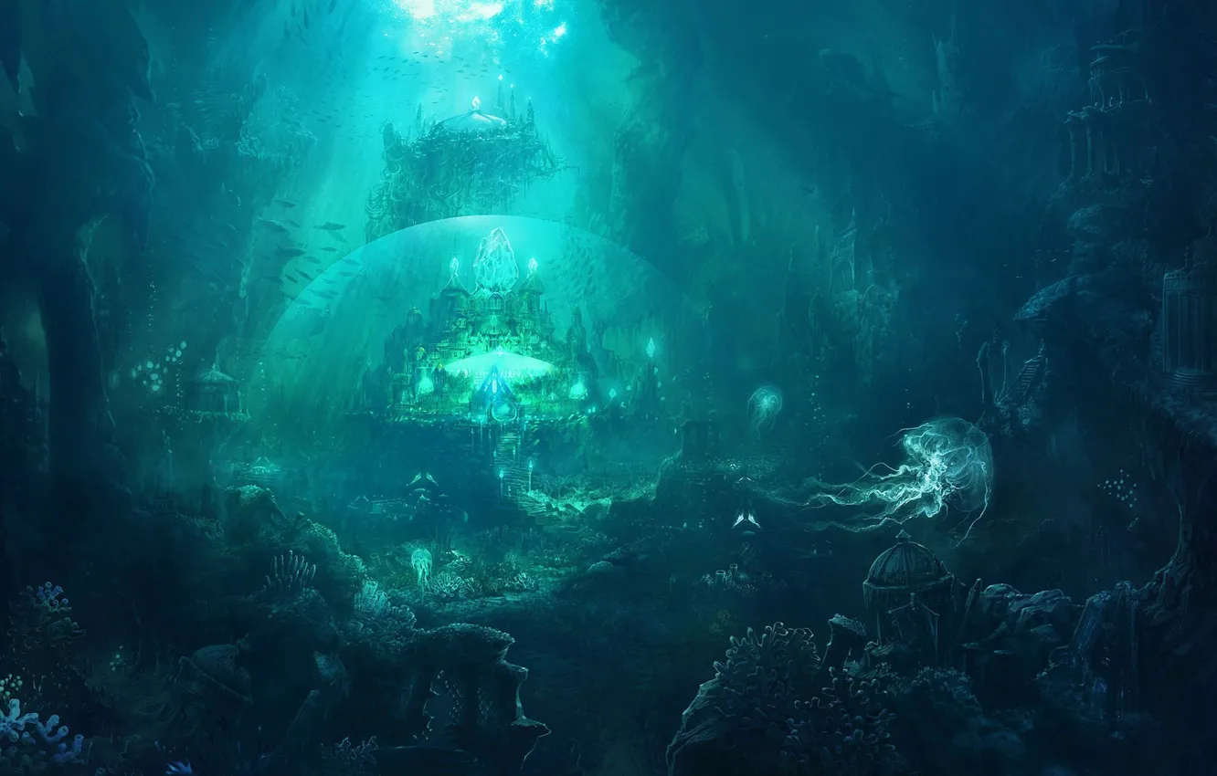 Фото обои рыбы, город, медуза, руины, купол, под водой