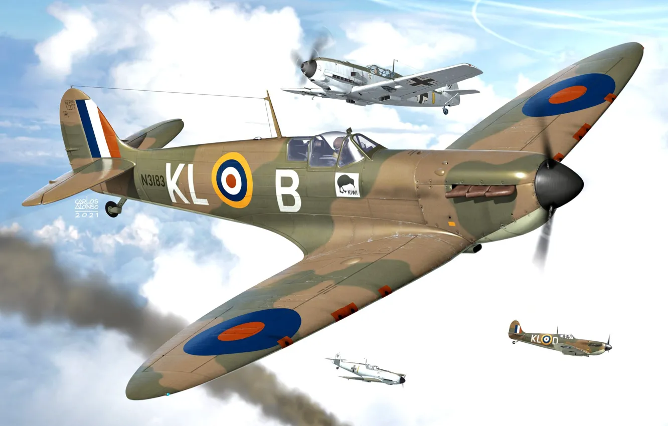 Фото обои Великобритания, истребитель-перехватчик, Битва за Британию, Raf, Carlos Alonso, Supermarine Spitfire Mk.IA