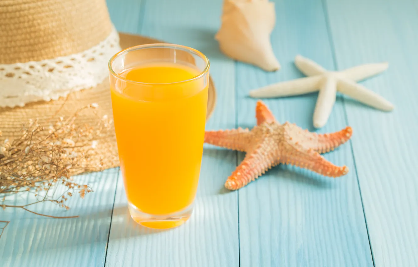 Фото обои лето, шляпа, морская звезда, summer, hat, orange juice, апельсиновый сок, starfish