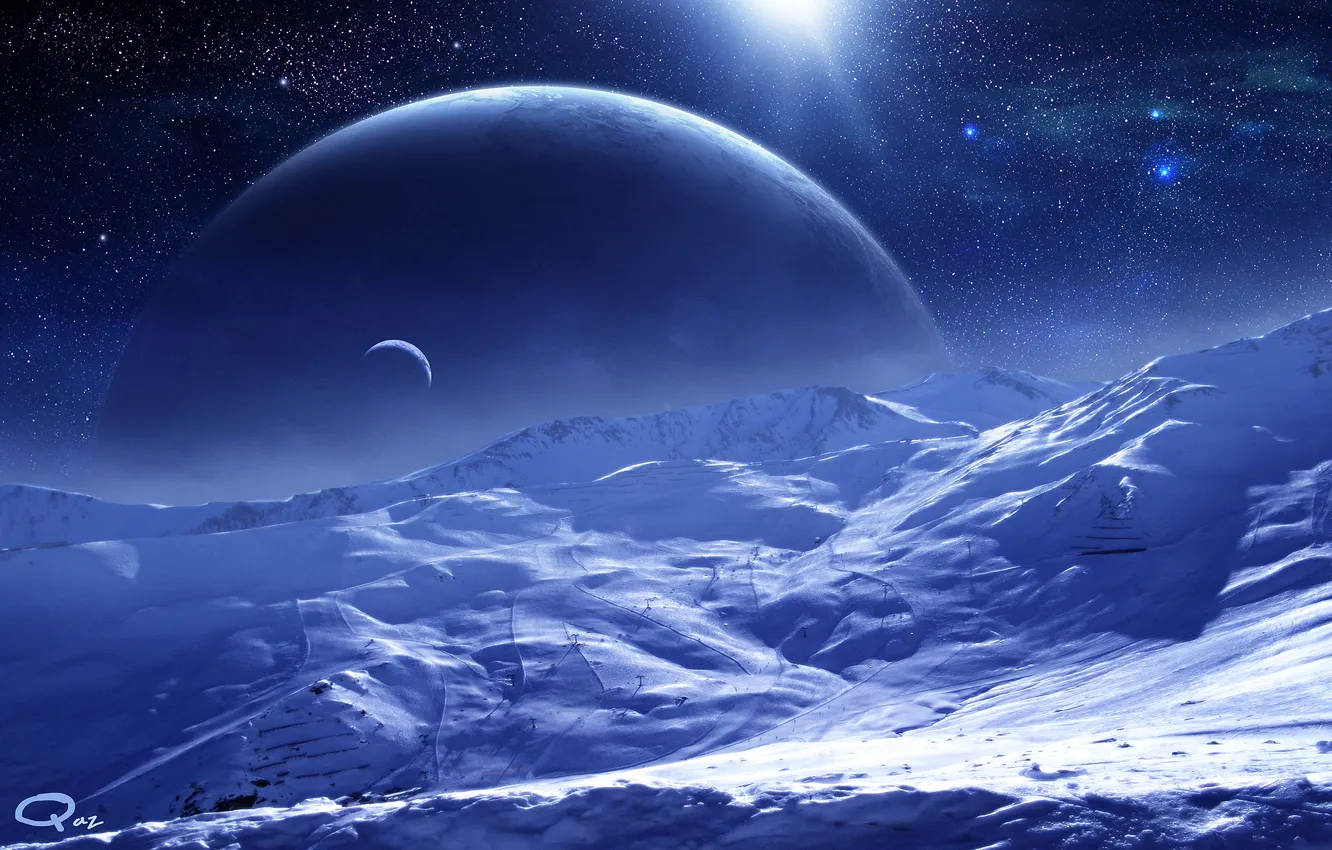 Фото обои космос, звезды, поверхность, снег, планеты, спутник, арт, QAuZ