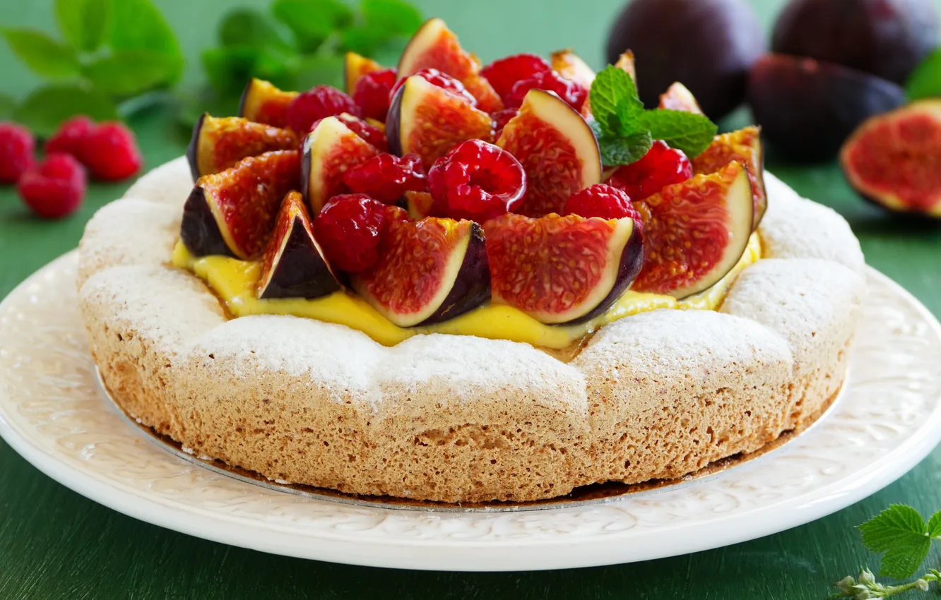 Фото обои малина, пирог, cake, сахарная пудра, инжир, figs, raspberries, powdered sugar