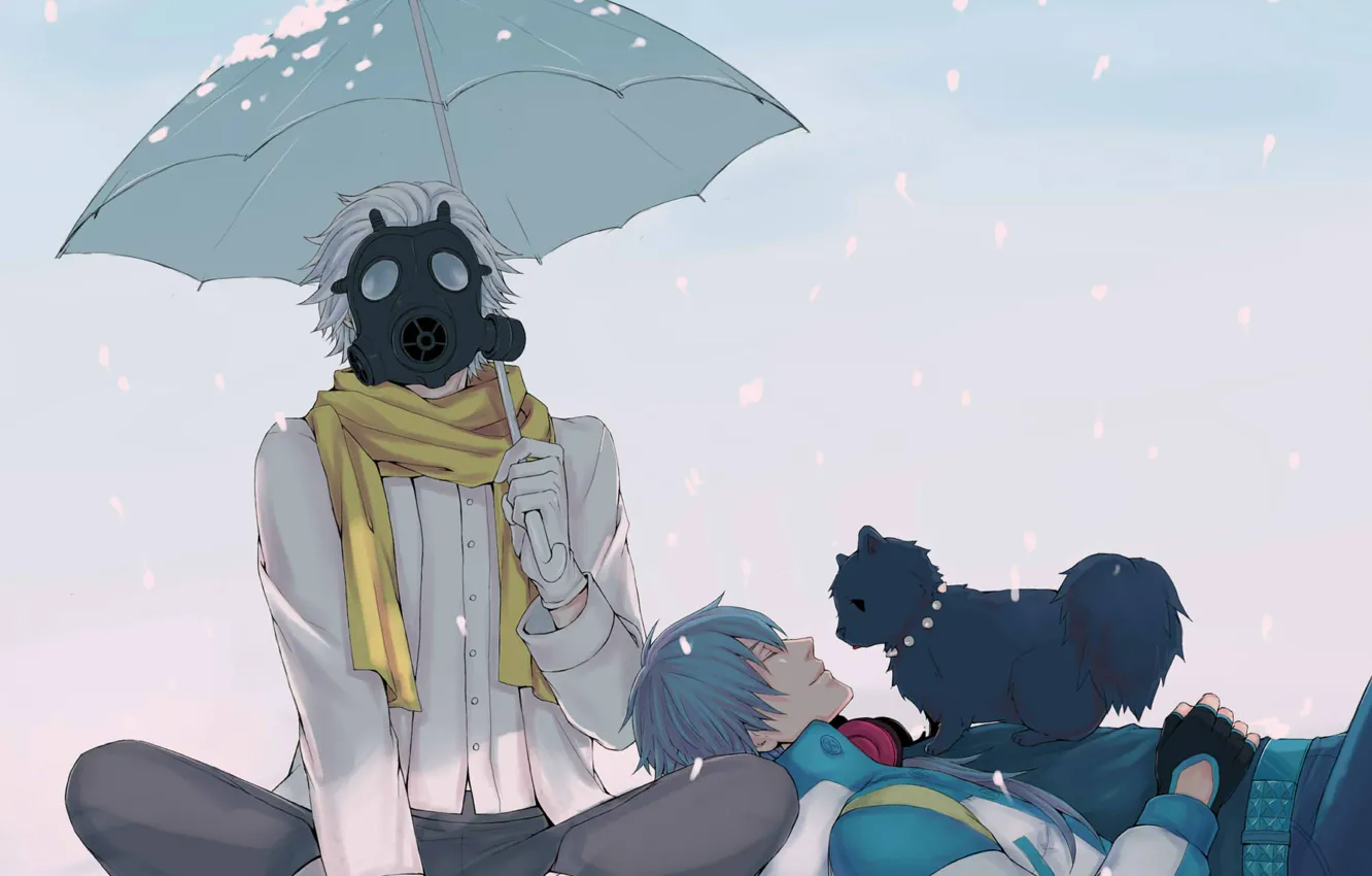 Фото обои снег, зонт, шарф, противогаз, парни, песик, Clear, DRAMAtical Murder