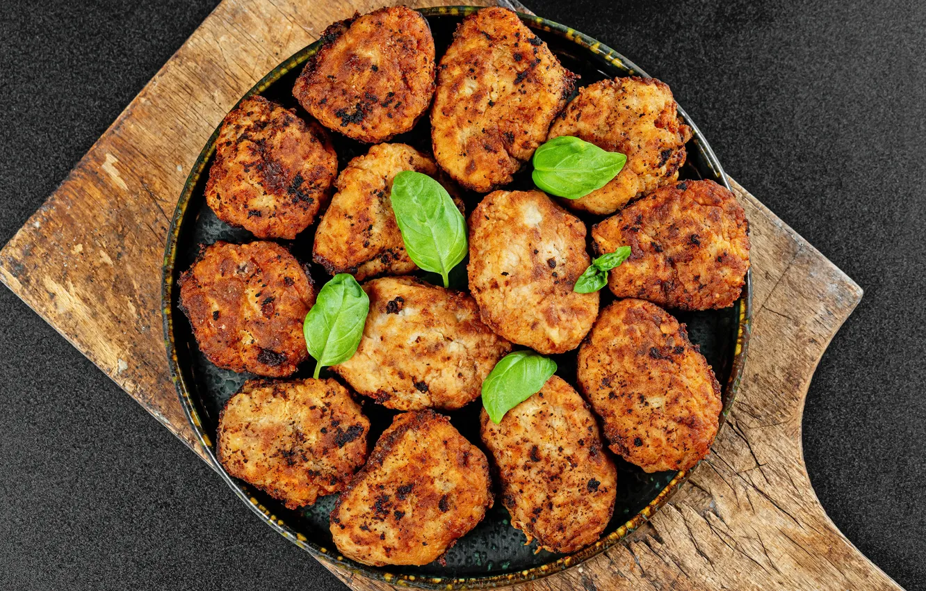 Фото обои листья, мясо, котлеты, базилик