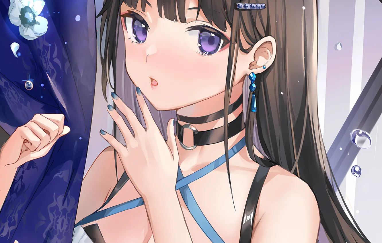 Фото обои girl, sexy, cleavage, blouse, long hair, brown hair, boobs, anime