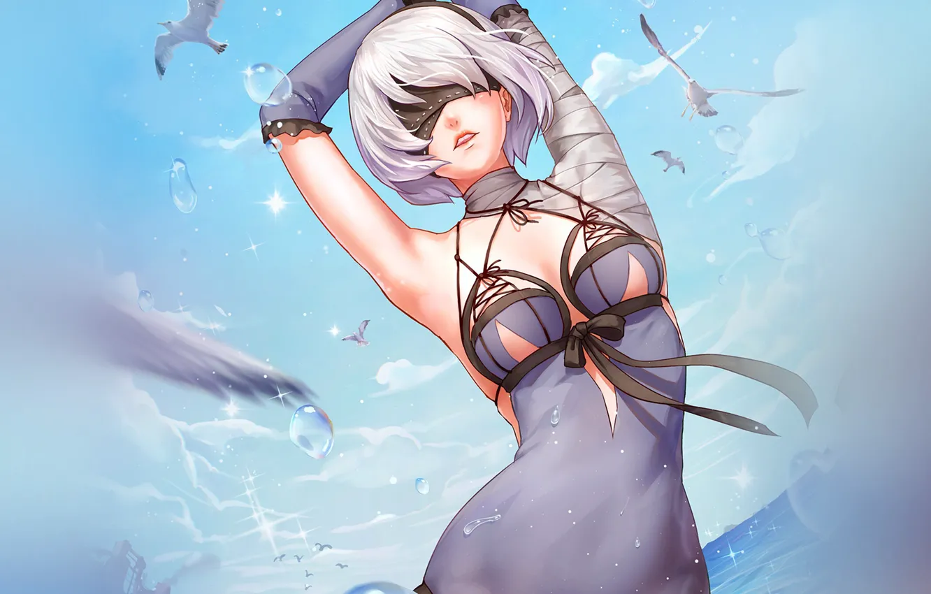 Фото обои girl, sexy, sea, anime, art, illustration