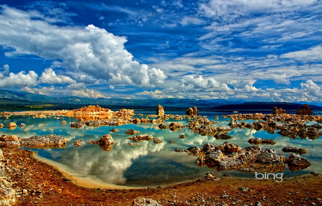 Фото обои небо, облака, горы, отражение, Калифорния, США, озеро Моно