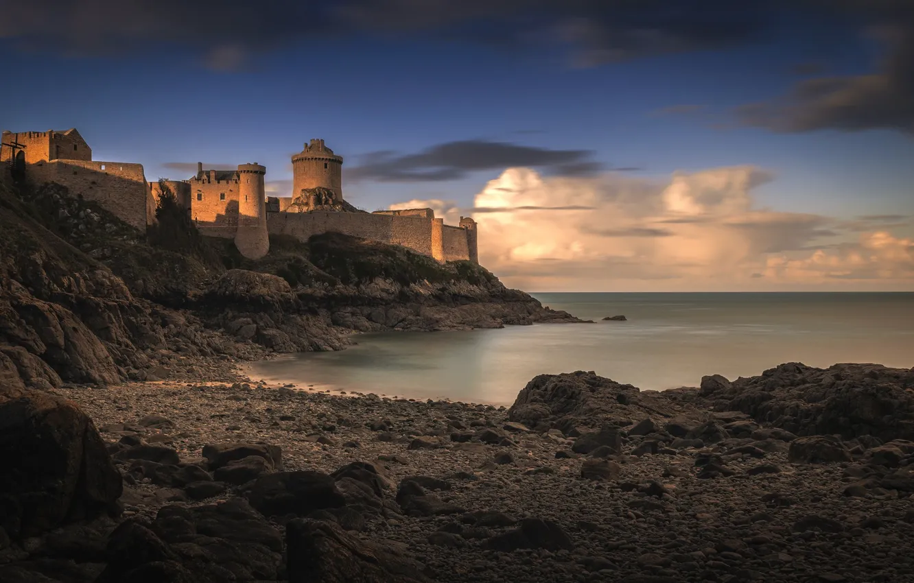 Фото обои wall, tower, sky, sea, landscape, coast, France, fortress